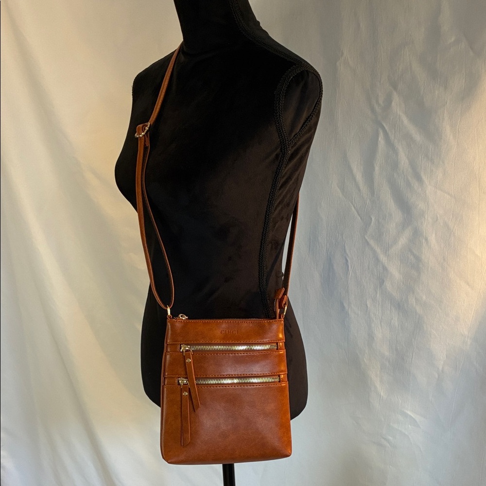 NWOT CLUCI terracotta brown faux leather gold accents small crossbody bag/purse